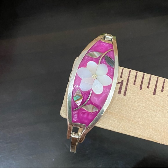 Vintage Alpaca Mexico Mexican Silver Mother of Pearl Inlaid ID Cuff Bracelet - Picture 7 of 13